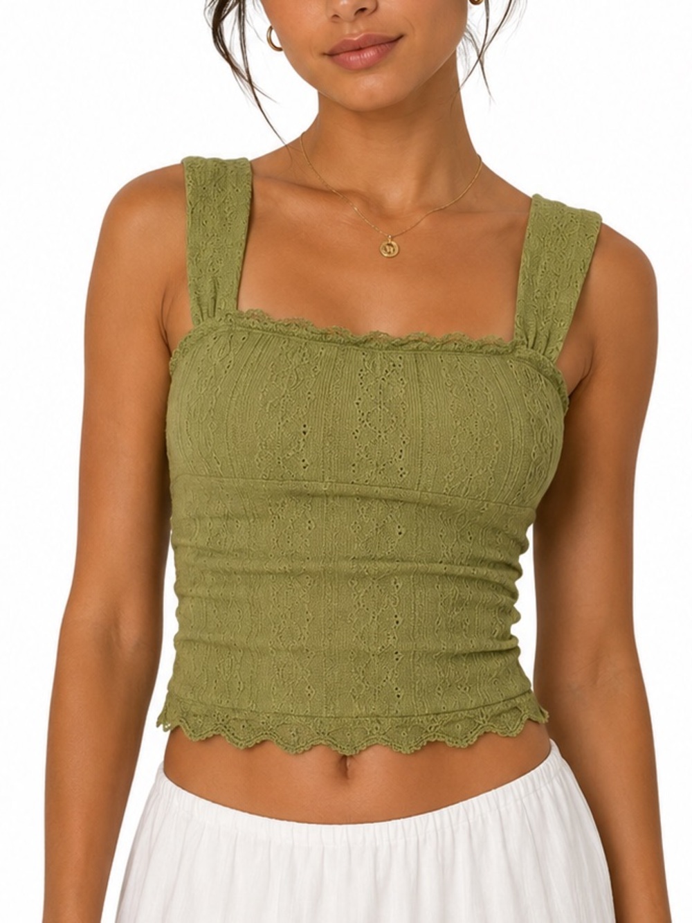Olive Green Eyelet Lace Crop Top with Straps